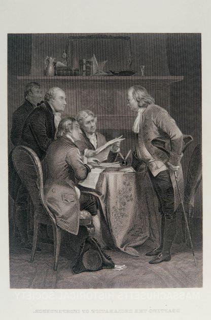 壁炉前的餐桌上有一张黑白版画，上面刻着“起草独立宣言”，五个男人围在一起。